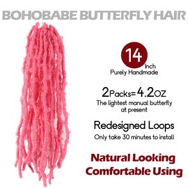 BOHOBABE 2 Packs Pink Butterfly Locs Crochet Hair 14 Inch Butterfly Faux Locs Crochet Hair Short Distressed Locs (2 Packs, Pink)