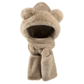 Kids Winter Hood Hat Scarf and Gloves Cute Bear Plush Hat Neck Warmer Mitten for Girls and Boys 4-12 Years Old