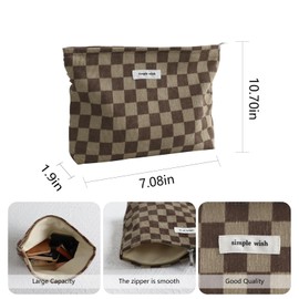 Wudygirl Travel Cosmetic Bag Checkered Makeup Bag Canvas Makeup Pouch for Women Toiletry Pouch Large Capacity Make up Organizer with Zipper Aesthetic (Brownish Checkered)