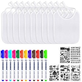 Zosenyer Baby Bibs, 14 White Bibs for Painting, 12 Coloured Pens for Children and 5 Colouring Pages, as a Gift for Boys and Girls as Baby Shower Decoration, White