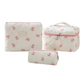 Bow Cosmetic Bag - Quilted Toiletry Bag | Large Cosmetic Pouch Toiletry Organizer for Travel Vanity Daily Commute Dorm Girls Women Morning Trip Hotel