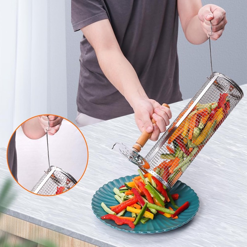 Rolling Grill Basket（2PCS） with Detachable Handle, 304 Stainless Steel BBQ