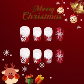 24Pcs Christmas Press-on Nails: Red Glossy Medium Coffin Acrylic False Nails - Bow & Snowflake Design, Full Cover Stick-on Nails for Women Xmas Winter Manicure