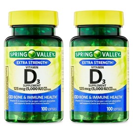Generic Spring Valley Vitamin D3 Softgels, 5000 IU, 100 Count, 2 Bottles for a Total of 200 Count