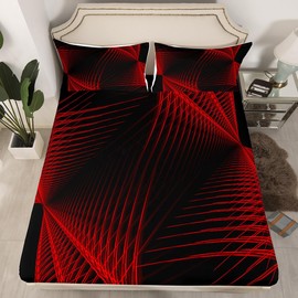 Feelyou Red Black Sheet Set for Kids Boys Girls Ombre Abstract Sheets with Deep Pocket Fitted Sheet Queen Size Geometric Bed Sheets Set Bedroom Decor Modern Striped Art 3Pcs