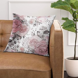 Golee Throw Pillow Cover Gray Abstract with Pink Flowers and Leaves on White Watercolor Floral Pattern Rose in Pastel Color Decorative Pillow Case Home Decor Square 18x18 Inches Pillowcase