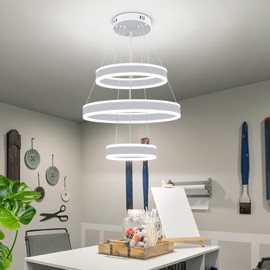 O'NEELDY Modern LED Chandeliers Adjustable Hanging White Pendant Light Fixture 3 Ring Flush Mount Chandeliers for Bedroom,Kitchen,Island Cafe