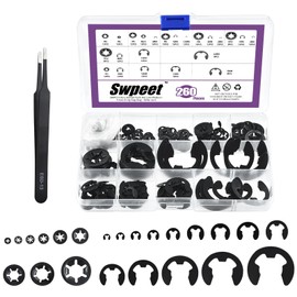 Swpeet 260Pcs Carbon Steel Steel Manganese Steel E-Clip and Internal Tooth Lock Washers with Tweezers Assortment Kit, Spring Push On Locking Nuts Speed Clips Snap Ring E-Ring Circlip Rings for Gear
