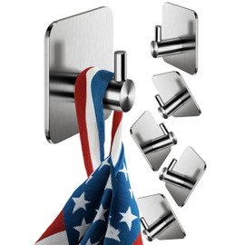 Menz 6-Pack Adhesive Towel Hooks for Bathrooms, Stainless Steel - Durable Self-Adhesive Robe Rack, Adhesive Wall Hooks, Sticky Towel Holder, Waterproof, No Drill