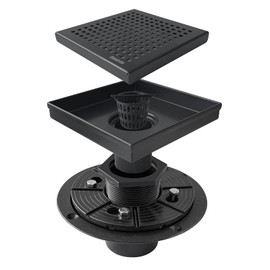 Neodrain 6-Inch Black Square Shower Drain with Removable Quadrato Pattern Grate, 304 Stainless Steel, Includes Shower Drain Base&Hair Strainer, Shiny Black