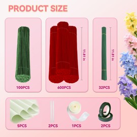 DIY Rose Making Kit 700 PCS Chenille Stems - Red Green Pipe Cleaners Craft Supplies with Floral Tools for Handmade Bouquet & Art Projects