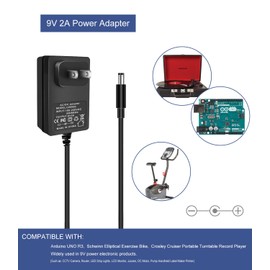 9V 2A Power Supply AC Adapter 110-240V AC to DC 9Volt 2Amp Fit for Arduino UNO R3 MEGA 2560 R3, Schwinn Elliptical Exercise Bike Crosley Cruiser Portable Turntable Record Player 5.5x2.1mm & 2.5mm Plug
