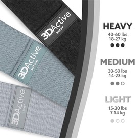 3DActive Fabric Resistance Bands for Legs. Wide Non-Slip Hip Band Set for Home and Gym Workouts. Exercise Guide and Carry Bag Included (Black, Dark Grey, Light Grey).