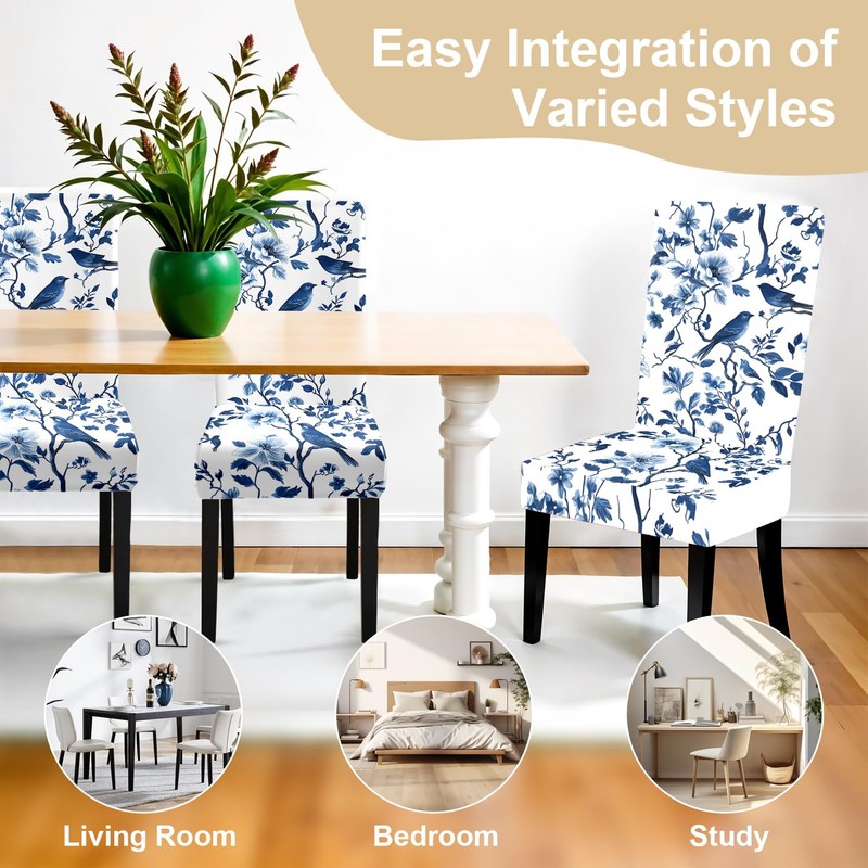 ANNA QUEEN Blue Floral Chair Covers for Dining Room Kitchen
