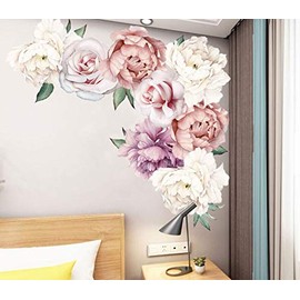 COVPAW® Wall Sticker XXL Peony Flowers Tendril Roses Pink Wall Sticker Mural Pictures Living Room Bedroom Decoration