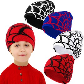 Silicherry 4 Pcs Winter Beanie Hat for Kids Y2k Hat Winter Warm Acrylic Knitted Beanie Gothic Spider Web Beanie Warm Ski Hat for Kids Boys Girls Outdoor