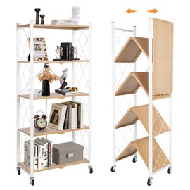 Yuanjimi 5-Tier Foldable Storage Shelves with Wheels, Folding Metal Shelf Unit, Folding Bookshelf no Assembly, Collapsible Shelves for Craft Shows for Kitchen, Bedroom, Living Room, Natural
