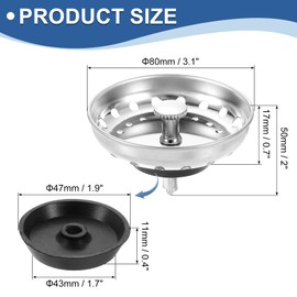 uxcell Kitchen Sink Drain Strainer, Stainless Steel Kitchen Sink Strainer Basket, Rubber Stopper Bottom Fits Standard Drains, Silver