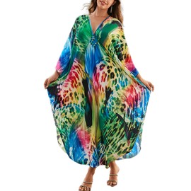 sunforyou Caftans Plus size Beach Kaftan Dresses for Women Beach Tops Green Print Colorful Leopard Swimsuit Cover up Soft Loungewear(8759-18)