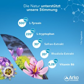 ARKOPHARMA - ARKORELAX® Stimmung + - mit 500 mg Tyrosin + 220 mg Tryptophan + Safran + Rhodiola und Vitamin B6 – natürliches Wohlbefinden – 30 Tabletten – für emotionales Gleichgewicht