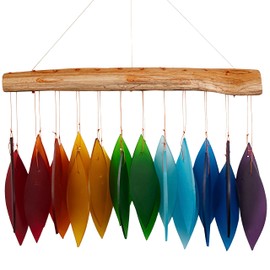 Blue Handworks Rainbow Glass Chime, Sandblasted Glass and Found Wood Handcrafted Wind Chime