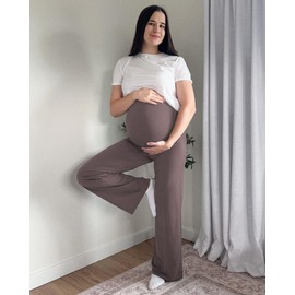G4Free Maternity Pants for Work Stretchy Yoga Pants Over The Bump Athletic Pregnancy Pajama Pants Straight Leg Outfits(Taupe,L,Regular)