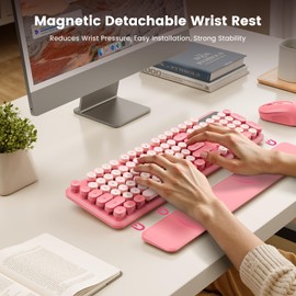 Wireless Keyboard, Round Keycaps, Retro Typewriter Keyboard with Detachable Wrist Rest, Sleep Mode, Foldable Legs, 2.4GHz Full-size Cordless Computer Keyboard for Windows/PC/Laptop (Baby Pink)