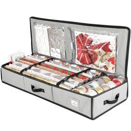 Hearth & Harbor Wrapping Paper Storage Container - Christmas Storage Bag with Interior Pockets - Gift Wrap Organizer Fits Up to 22 Rolls of 40" - Tear Proof, Silver