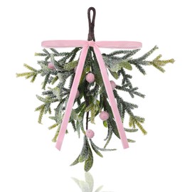 Seenelling Christmas Mistletoe Decor Kissing Artificial Mistletoe Ornament with Velvet Bows Pine Needles Berry 10 inch Christmas Hanging Decoration for Xmas Tree Doorway Party (Pink)