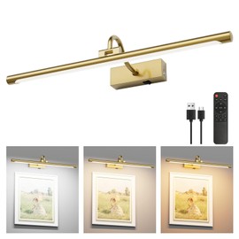 Aipsun 23.6" Brass Picture Lights for Wall Rechargeable,12000mAh Battery Operated Art Light for Paintings,3CCT Dimmable, Rotatable Gallery Light for Pictures Display