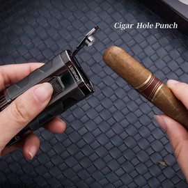 All in One Cigar Torch Lighter Windproof Triple Jet Flame Lighter Refillable Gas Fire Lighter Briquet Heavy Duty with Punch and Butane Window (2 Pack Metal Grey/without Butane)