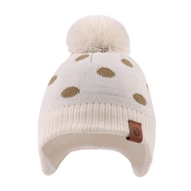 Zsedrut Kids Winter Knitted Hat Scarf Earflap Pompom Beanie Cap for Girls Boys Thick Warm Toddler Hats (Beige Dot Hat, 4-8Y)