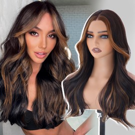 Dark Brown with Highlights Wigs for Women Glueless Wig Synthetic Lace Front Wigs 13x4 Pre Plucked Pre Cut Wavy Wig