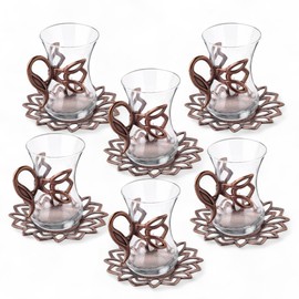 Alisveristime (Set of 6) Turkish Tea Set with Zamac Holders, Glass Cups & Saucers – 100ml Capacity, Ottoman Style, 4 Color Options (Brown)