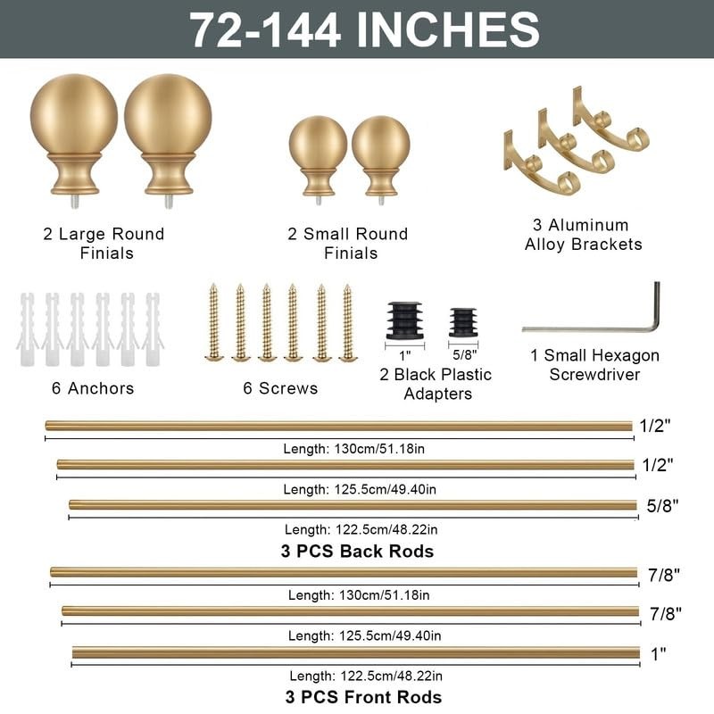 Hosmile Double Curtain Rods 72-144 Inches, Warm Gold Double Window