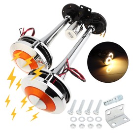 DriSentri Air Horn for Truck, 12V/24V Dual Trumpet 300DB Super Loud Chrome Plated Air Horn Kit with LED Light for Car Truck Boat
