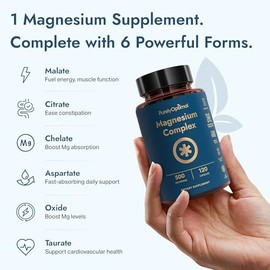 Purely Optimal Complejo de magnesio - 6 formas Glicinato, citrato y malato de magnesio - Apoyo para dormir, alivio del estrés, músculos, salud cardíac