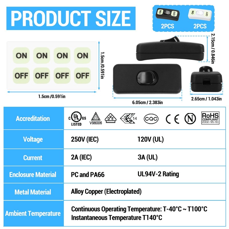 Pack of 4 Inline Switch, 250 V Intermediate Switch, Cord