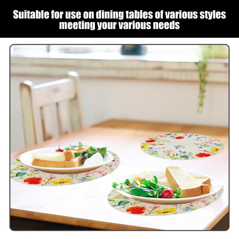4 Pieces Round Floral Placemats And 4 Pieces Coasters, Dining