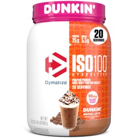 Dymatize x Dunkin' Mocha Latte ISO100 Whey Protein Powder, 95mg Caffeine, 25g of Protein, 20 Servings, 5.5g BCAAs, 120 Cal., Gluten Free, 1g Fat, 1g Sugar, 3g Carb
