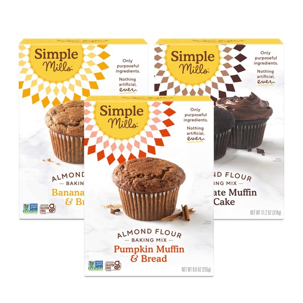 Simple Mills Almond Flour Baking Mix Variety Pack (Banana Muffin & Bread, Chocolate Muffin & Cake, Pumpkin Muffin & Bread) - Gluten Free, Plant Based (Pack of 3)