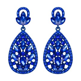 EleQueen Women's Wedding Bridal Austrian Crystal Bohemia Teardrop Chandelier Dangle Earrings Royal Blue Color Blue-Tone