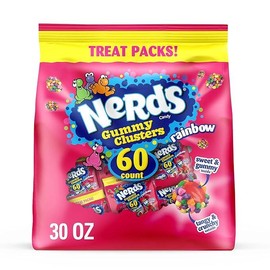 NERDS Gummy Clusters, Candy Treat Packs, Rainbow, Crunchy and Gummy, Back To School Sweet Treat, 30 oz (60 ct) - Size: 0.5oz (Pack of 60)