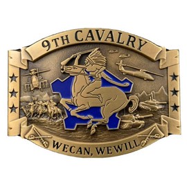 US Army 9th Cavalry Brass Belt Buckle, We Can We Will Motto, Unit Crest DUI Insignia
