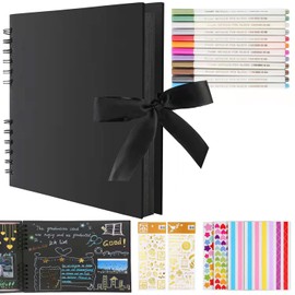 BEBPAEGUN Scrapbook Photo Album 80 Black Pages Album Photo Scrapbooking, DIY Scrapbook Kit Memory Books Guestbooks Wedding Photo Album, With 12 Metal Pens, Photo Corners, Stickers & Templates