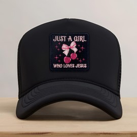 Just A Girl Who Loves Jesus Patch 3 Inches Cherry Bow, Christian Bible Iron On/Sew On Embroidery Fabric Applique Patches for Trucker Hats Clothes Backpack DIY Accessories Coworkers Friends Mom Gifts