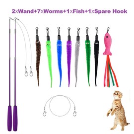ZeyZoo 11 Pack Interactive Cat Toys Set, 2 Retractable Cat Toy Wand, 7 Cat Worm Toy and 1 Catnip Fish Refills with Bell, 1 Replacement Line, Cat Feather Wand Toy Kitten Toys for Indoor Cats Kitten
