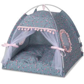 Gigreinc Cat Princess Indoor Tent House,Pet Dog Cute Floral Cave Nest Bed,PortableDogTents(M:38x38x36cm/15x15x14inch, Roses Gray)