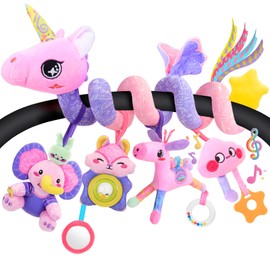 Car Seat Toys for Babies - 0-12 Months Baby Girls Spiral Stroller Carseat Toys with Music, Rattle, Mirror, 5-in-1 Separable Activity Hanging Toy Newborn Sensory Toy Essentials Gifts, Unicorn