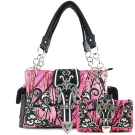 Justin West Western Brown Purse Tooled Laser Cut Floral Design Studs Rhinestone Buckle Concealed Carry Handbag Trifold Wristlet Cross Body Strap Wallet Set (Pink)